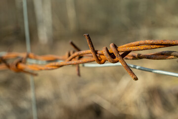 Rusty barbwire next to a new fence