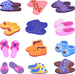 Home slippers cartoon set. Winter fur slipper for kids and adults, fluffy shoes. Various cozy warming footwear, isolated neoteric vector garment clipart