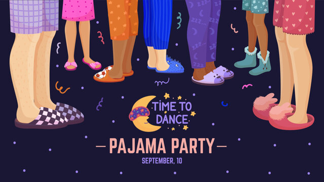 Pajama party background with casual slippers on human legs. Holiday relaxation, fun nightwear shoes. Night partying for girls at home, cozy neoteric vector invitation