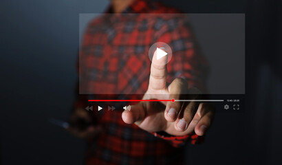Hand extended to press play mark in the virtual screen icons Indicates that people watching a movie or video.