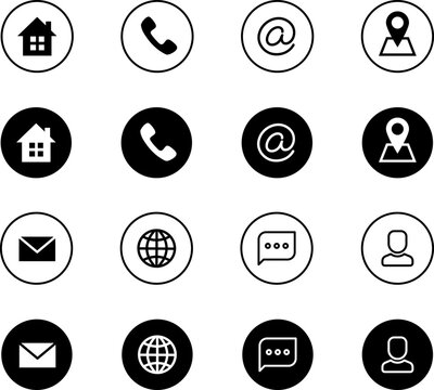 Contact icons. Location telephone customer mail address internet website social vector pictogram set communication signs