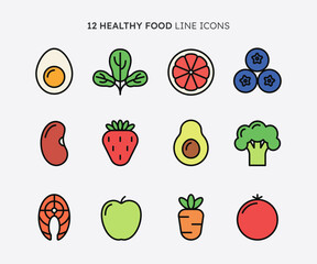 Healthy Food Line Icon Set. Linear color icons of fresh organic natural food.
