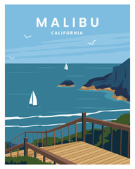 Malibu California beach poster landscape. vector illustration with minimalist style.  - obrazy, fototapety, plakaty