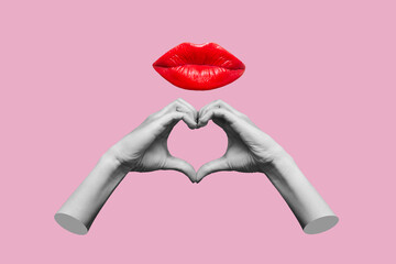 Human female hands showing a heart shape and lips with glossy red lipstick sending kiss isolated on...