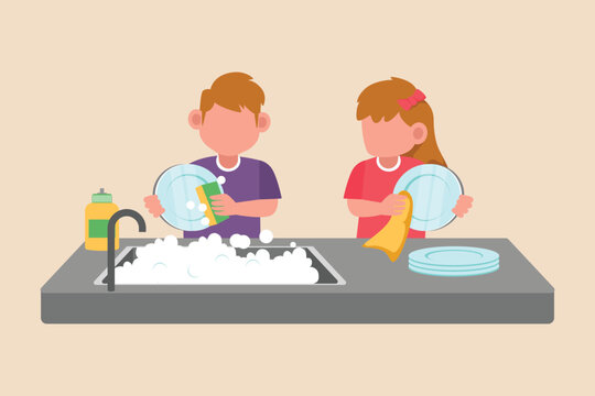 Cute little boy and girl wash dish together. Cleaning concept. Flat vector illustrations isolated.
