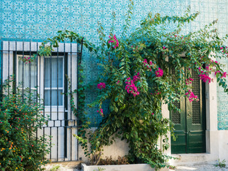 Fototapeta na wymiar View of old house with green door, azure blue tiles facade and blooming flowers at Lisbon street at medieval quarter Alfama at Santa Maria Maior district, Portugal.,