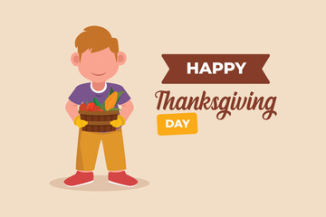 Happy little boy hold harvest basket for thanks giving. Thanks giving concept. Colored flat graphic vector illustration isolated.