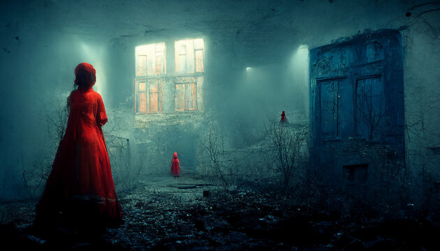 Scary ghost woman in haunted house. Digital art