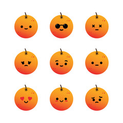 Set, collection, pack of orange emoji, vector cartoon style icons of orange fruit characters with different facial expressions, happy, sad, loving, disappointed.
