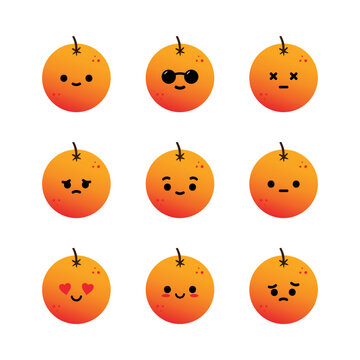 Set, collection, pack of orange emoji, vector cartoon style icons of orange fruit characters with different facial expressions, happy, sad, loving, disappointed.
