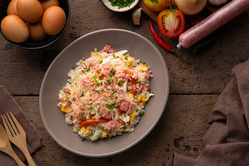 Thai Fried Rice with Fermented Pork ,Kao Pad Nham on a plate.asian food.Top view