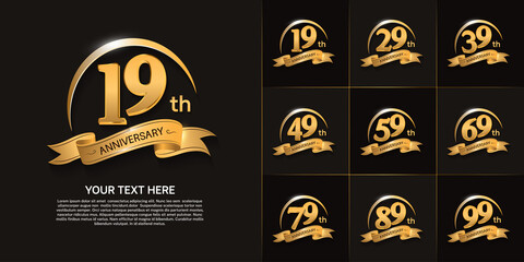 set of anniversary with golden color, swoosh and ribbon can be use for celebration moment