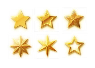 Vector stars set of realistic metallic golden stars isolated on white background. Glossy yellow 3D trophy star icon.
