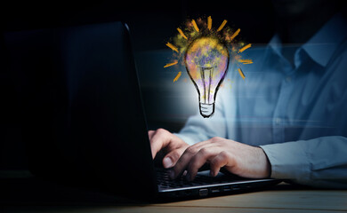 man working computer and bulb  drawing icons