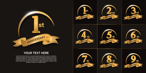 set of anniversary with golden color, swoosh and ribbon can be use for celebration moment
