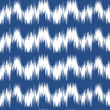 Blue Stripe Ikat Vector Seamless Pattern. Abstract blurred line waves shapes ethnic ornament background. Shibori print. Indian, Japan, Scandinavian, Gypsy, Mexican, African, Tibetan, Uzbek pattern.