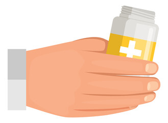 Hand with open medication bottle. Medical help. Health treatment