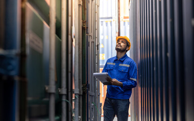 Container operator holding a notepad to take note while doing his daily routine inspection. He is...