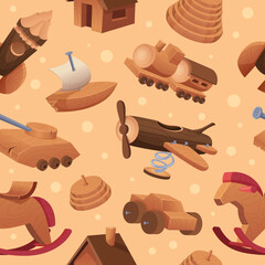 Wooden toys pattern. Handmade attractions for happy kids playground tools cars rockets bricks exact vector seamless background