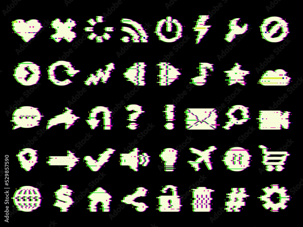 Sticker glitched icons. web media symbols in grunge style glitched ui pictures fo mobile app design project 