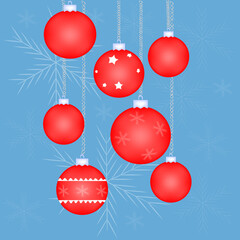 merry red festive christmas balls snowflakes on blue background