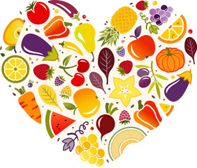healty foods for cardiovascular system in heart-shaped design - vector illustration. High-angle view of various colourful raw fruit and vegetables for vegetarian detox and healthy diet & lifestyle.