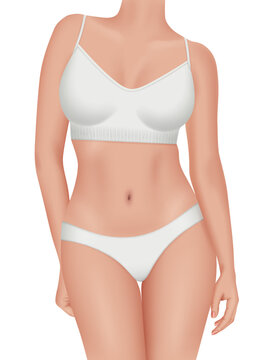 Woman body. Realistic beautiful lingerie bikini and bra on fitness body decent vector female illustration