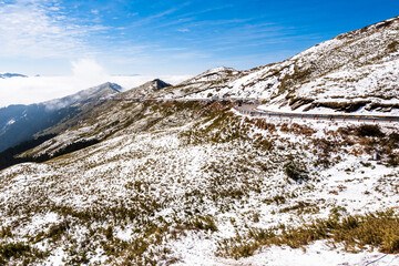 The snow covered most of the mountains and forests in Hehuan Mountain of Nantou, Taiwan. Taroko National Park is one of Taiwan's most popular tourist attractions.
