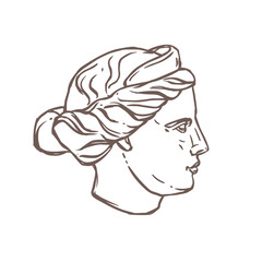 Antique greek sculpture sketch vector illustration - line doodle female profile in vintage style. Bohemian ancient classic minimalist woman head bust. Aesthetic plaster museum statue