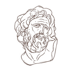 Antique greek sculpture sketch vector illustration - line doodle man head in vintage style. Aesthetic ancient classic minimalist male bust. Bohemian plaster museum statue - marble figures