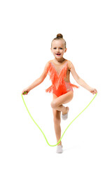 Sporty gymnast pretty child jump with rope