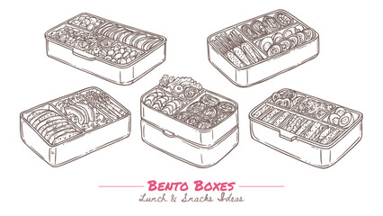 Bento box with healthy food for lunch sketch vector illustration set. Hand drawn lunchbox with section for different dishes. Doodle container with traditional japanese meals