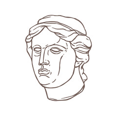  Decorative marble greek sculpture sketch vector illustration - line doodle man head in vintage style. Ancient classic minimalist male face bust - aesthetic plaster museum statue