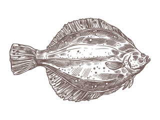 Flatfish sketch vector - hand drawn sea and ocean or river fish isolated on white. Doodle flounder in vintage engraving style for seafood store or restaurant menu - edible water animal