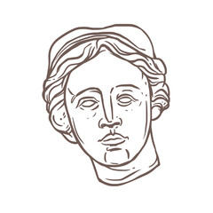 Greek sculpture of male head antique sketch vector illustration - gypsum face in vintage style. Bohemian classic minimalist male bust. Aesthetic gypsum museum statue - marble figures