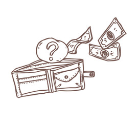 Open empty wallet with flying away dollar banknotes and question sign - sketch vector illustration of overspending or economical crisis concept. Symbol of financial problems or loss of money