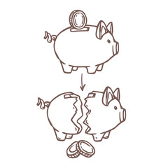 Whole and broken piggy bank with coins sketch vector illustration - doodle pig moneybox for savings and spending concept. Hand drawn objects for business and financial crisis