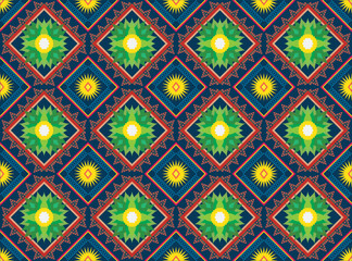 Mexican indian design with tribal ethnic themes on a geometric seamless background Beautiful textile print with native American tribal elements in an ethnic traditional style. Folk fashion from Mexico