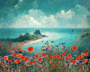 summer floral landscape poppy flowers blue sky green water and  abstrakt impressionism art style nature landscape background
