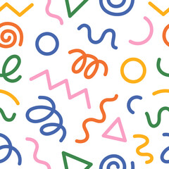 Seamless pattern of funny colorful doodle lines. A creative artistic background in a minimalist style for children or a fashionable design with basic shapes. Memphis Style