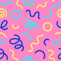 Seamless pattern of bright neon doodle lines. Creative artistic background in the style of the 90s. Trendy design with basic geometric wavy shapes. Psychedelic style