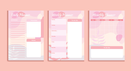 Pink colored planner templates for daily weekly and monthly planning