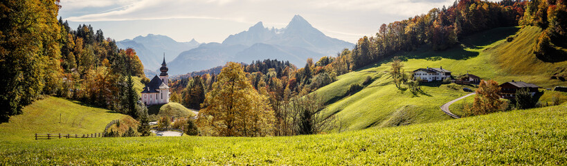 Beautiful nature landscape. Incredible autumn scenery. View on Alpine highlands with Watzmann...