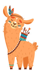 Alpaca in feather headdress. Cartoon llama in traditional tribal style