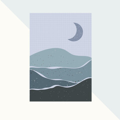 blue background with wave, Landscape Vector Mountains Moon Sun illustration