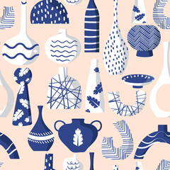 Seamless Pattern Modern ceramic vases with abstract various doodle shapes , Minimalist antique ceramic pottery for interior. Vector illustration EPS10