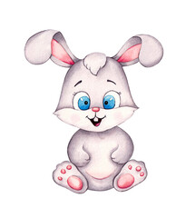 Fototapeta na wymiar Cute cartoon grey bunny. Watercolor hand draw illustration isolated on white background