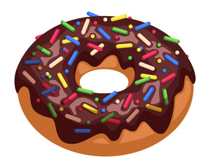 Cartoon donut with chocolate icing and sprinkles. Glazed pastry