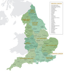 Detailed map of England with administrative divisions into regions, counties and districts, major cities of the country, vector illustration onwhite background
