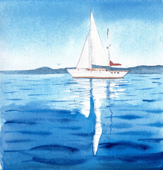 Seascape with sailboat.  Hand drawn watercolor illustration. Sea and yacht.